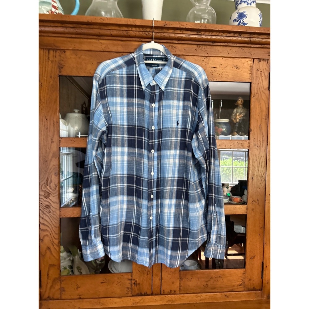 Ralph Lauren Classic Fit 100% Linen Shirt Button Down Light Blue Plaid Mens Sz L